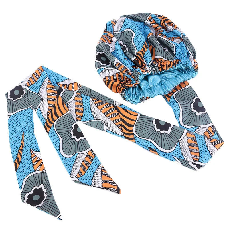 New Kids Night Sleeping Cap women Extra Large Satin Lined Bonnets Hat African Ankara Long Ribbon Headwrap Ankara Hair Bonnet Hat