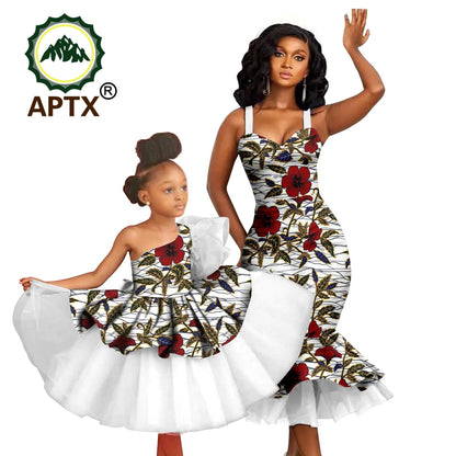 African Dress for Women Matching Girls Outfit Ankara Print Patching Dresses Dashiki Mom and Daughter Family Clothes Sets