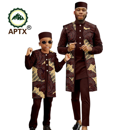 African Family Clothes Sets Dashiki Men's Print Coat Shirt and Pants 3 Piece Set with Hat Matching Boys Ankara Outfit