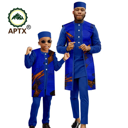 African Family Clothes Sets Dashiki Men's Print Coat Shirt and Pants 3 Piece Set with Hat Matching Boys Ankara Outfit