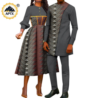 African Couple Clothes for Party Wedding Women Print Dresses Vestidos Matching Men Outfits Dashiki Shirt and Pant