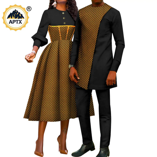 African Couple Clothes for Party Wedding Women Print Dresses Vestidos Matching Men Outfits Dashiki Shirt and Pant