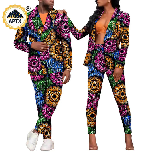 African Couples Clothes Bazin Riche Women Jackets and Pants Sets Match Men Suits Formal Work Outfits Print 2 Pieces