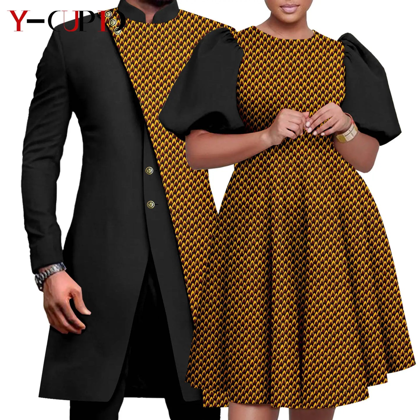 African Couple Matching Clothes Dashiki Women Print Dresses Bazin Riche Men 2 Pieces Suit Patchwork Jacket and Pant Sets