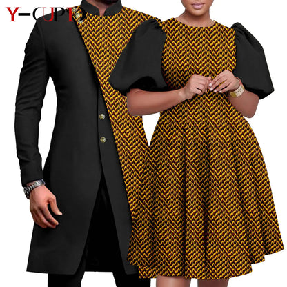 African Couple Matching Clothes Dashiki Women Print Dresses Bazin Riche Men 2 Pieces Suit Patchwork Jacket and Pant Sets