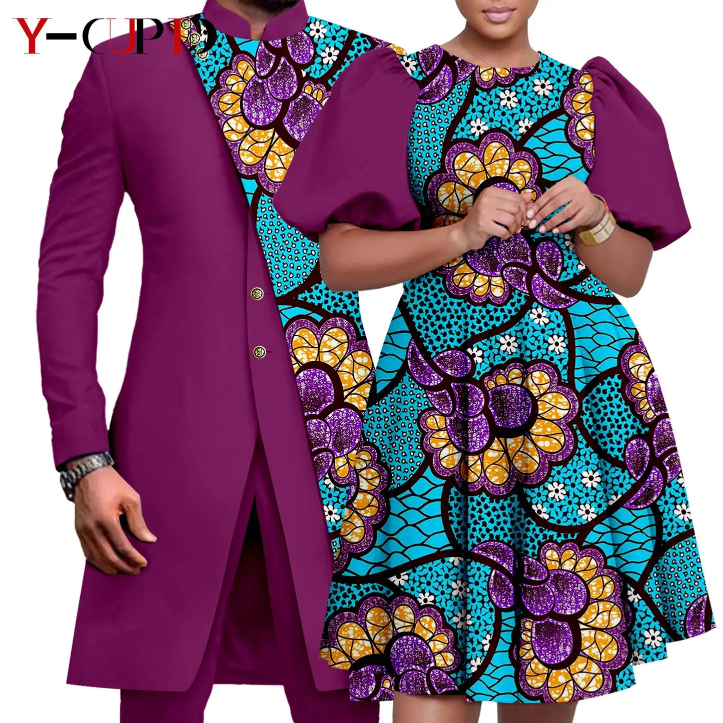 African Couple Matching Clothes Dashiki Women Print Dresses Bazin Riche Men 2 Pieces Suit Patchwork Jacket and Pant Sets