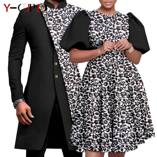 African Couple Matching Clothes Dashiki Women Print Dresses Bazin Riche Men 2 Pieces Suit Patchwork Jacket and Pant Sets