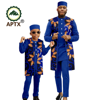 African Family Clothes Sets Dashiki Men's Print Coat Shirt and Pants 3 Piece Set with Hat Matching Boys Ankara Outfit
