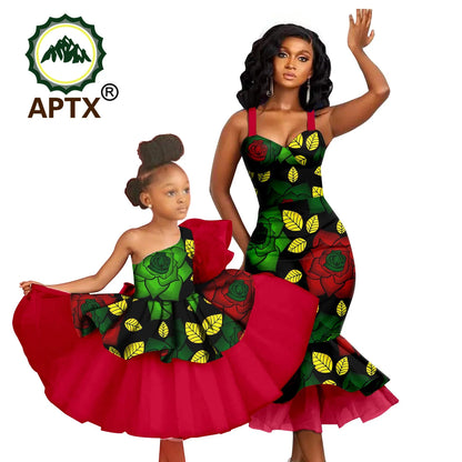 African Dress for Women Matching Girls Outfit Ankara Print Patching Dresses Dashiki Mom and Daughter Family Clothes Sets