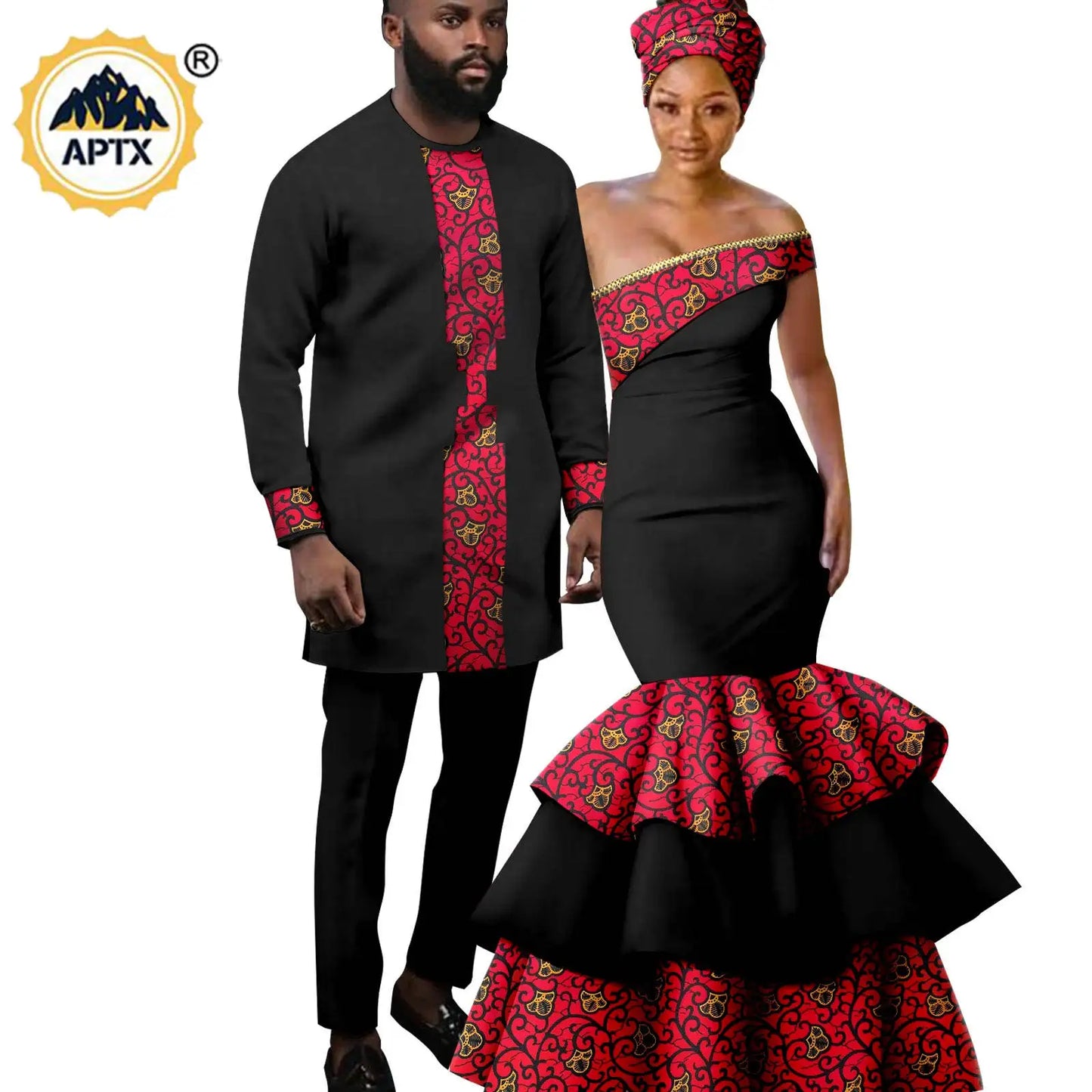 African Clothes for Couple Women Long Dresses Match Men Outfits Shirt and Pants Sets Dashiki Ladies Party Ruffles Dress