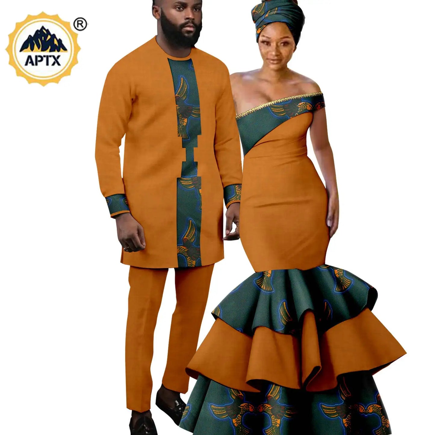 African Clothes for Couple Women Long Dresses Match Men Outfits Shirt and Pants Sets Dashiki Ladies Party Ruffles Dress