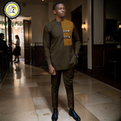 Men's Luxe Dashiki- Inspired Ensemble- 2-piece Ankara Print Shirt and Trousers