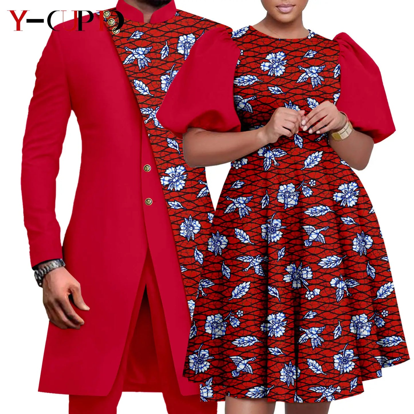 African Couple Matching Clothes Dashiki Women Print Dresses Bazin Riche Men 2 Pieces Suit Patchwork Jacket and Pant Sets