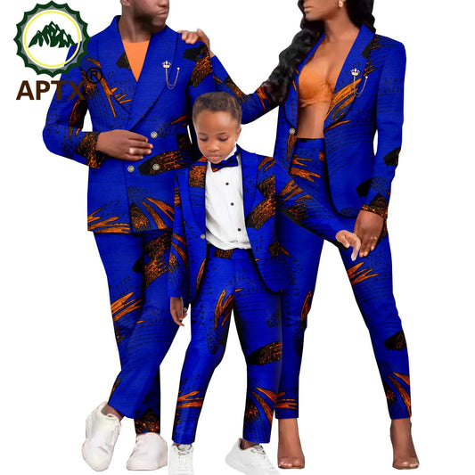 African Clothing for Family Ankara Men Women Print Suit Matching Boys Outfit Dashiki Blazer Jacket and Pants 2 Piece Set