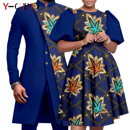 African Couple Matching Clothes Dashiki Women Print Dresses Bazin Riche Men 2 Pieces Suit Patchwork Jacket and Pant Sets