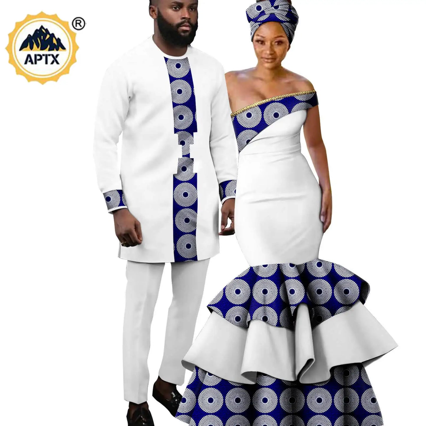 African Clothes for Couple Women Long Dresses Match Men Outfits Shirt and Pants Sets Dashiki Ladies Party Ruffles Dress