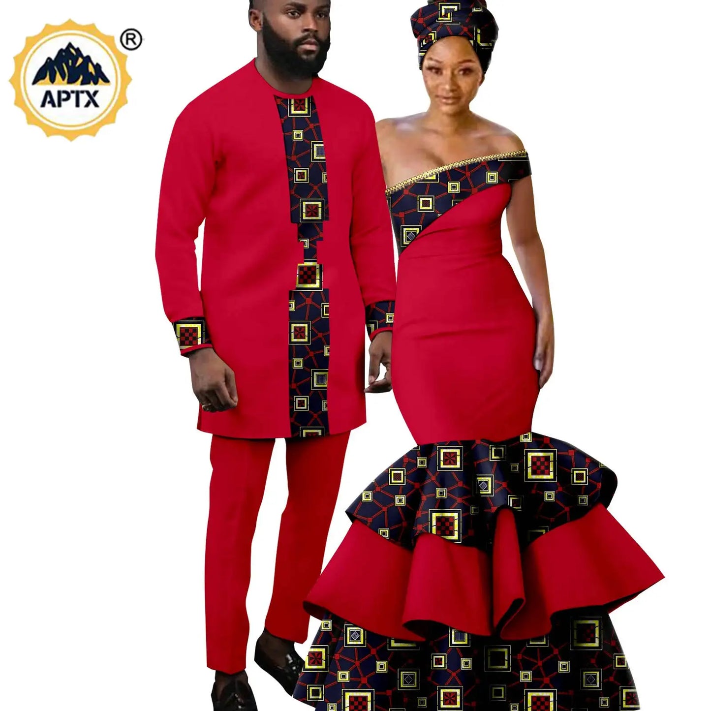 African Clothes for Couple Women Long Dresses Match Men Outfits Shirt and Pants Sets Dashiki Ladies Party Ruffles Dress