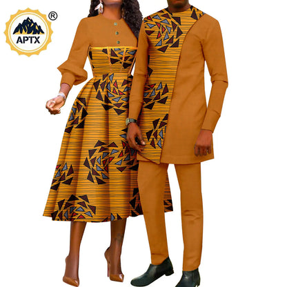 African Couple Clothes for Party Wedding Women Print Dresses Vestidos Matching Men Outfits Dashiki Shirt and Pant
