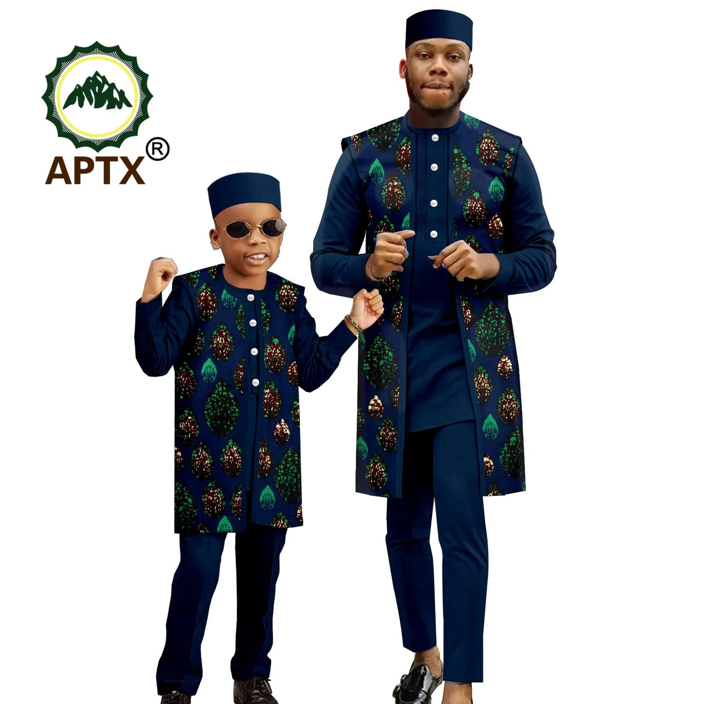 African Family Clothes Sets Dashiki Men's Print Coat Shirt and Pants 3 Piece Set with Hat Matching Boys Ankara Outfit