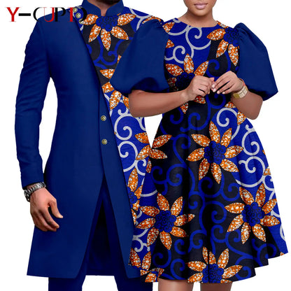 African Couple Matching Clothes Dashiki Women Print Dresses Bazin Riche Men 2 Pieces Suit Patchwork Jacket and Pant Sets