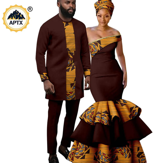 African Clothes for Couple Women Long Dresses Match Men Outfits Shirt and Pants Sets Dashiki Ladies Party Ruffles Dress