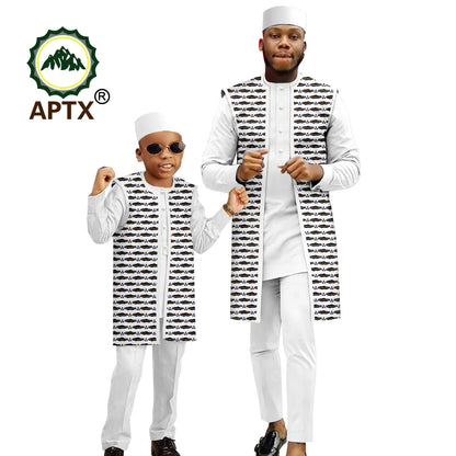 African Family Clothes Sets Dashiki Men's Print Coat Shirt and Pants 3 Piece Set with Hat Matching Boys Ankara Outfit