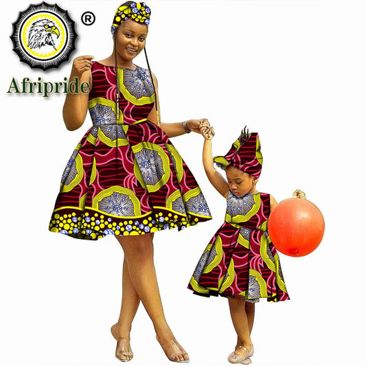Dresses+Headwarp for Women Dashiki Dress for Girl Ankara Fabric Mother and Daughter Clothing