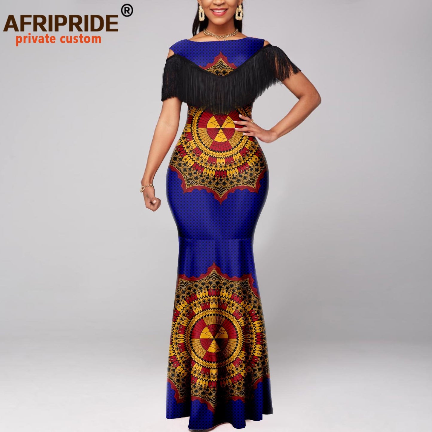 Tassel Short Sleeve Off Shoulder High Waist Ankara Print Attire Party Elegant Maxi Dress A2225038