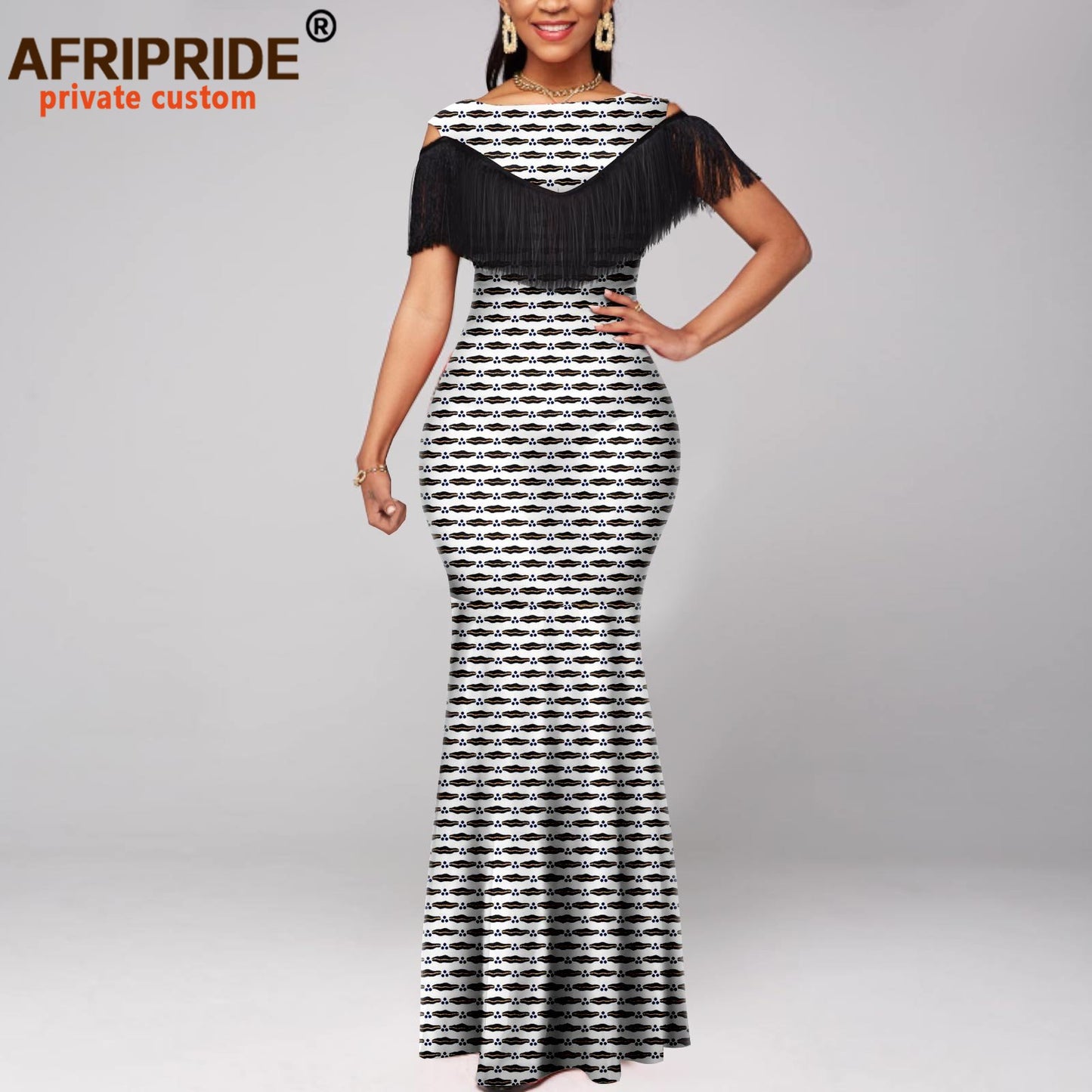 Tassel Short Sleeve Off Shoulder High Waist Ankara Print Attire Party Elegant Maxi Dress A2225038