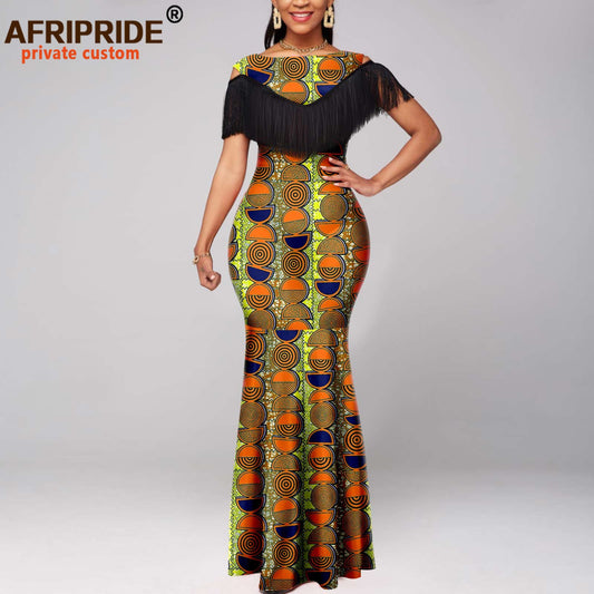 Tassel Short Sleeve Off Shoulder High Waist Ankara Print Attire Party Elegant Maxi Dress A2225038