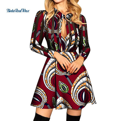 African Ankara Print Long Sleeve Knee-Length Dress