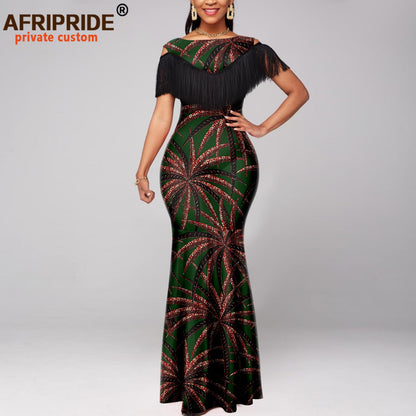 Tassel Short Sleeve Off Shoulder High Waist Ankara Print Attire Party Elegant Maxi Dress A2225038