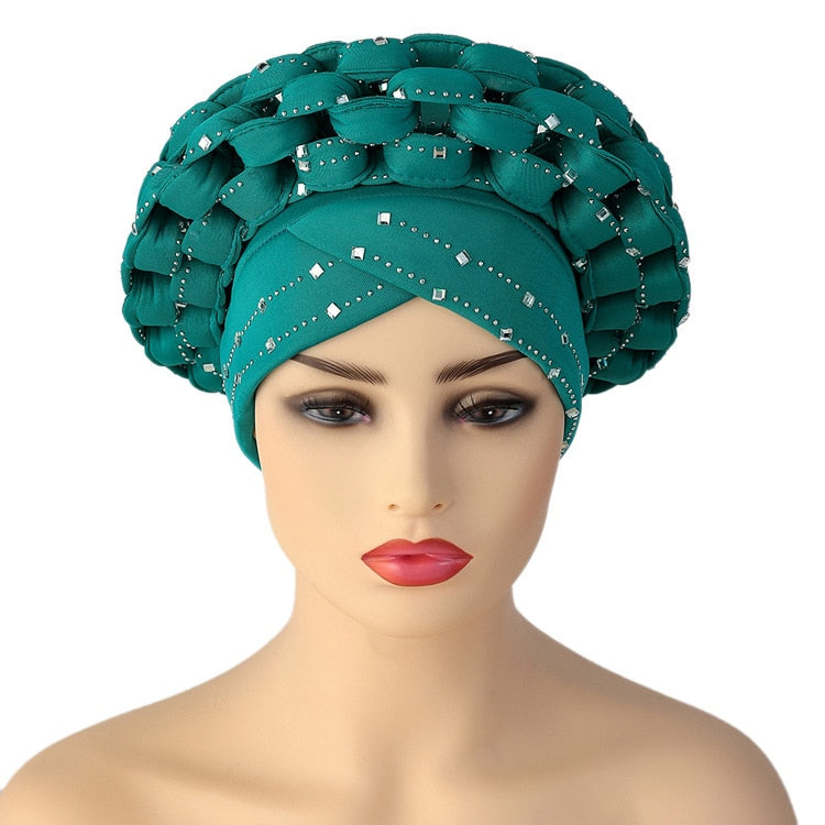 Inlaid with Diamonds African Pattern Pre-Tied Bonnet Turban Knot Cap  Auto Gele Robe  Aso Oke Ready To Wear