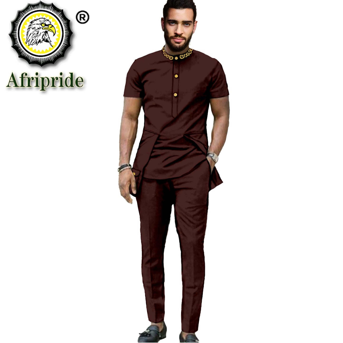 Men Embroidery Short Sleeve Shirt and Pant 2 Piece Set