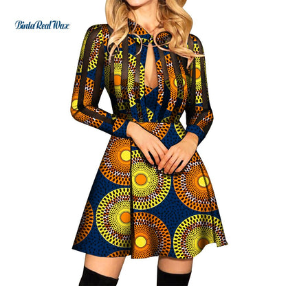 African Ankara Print Long Sleeve Knee-Length Dress