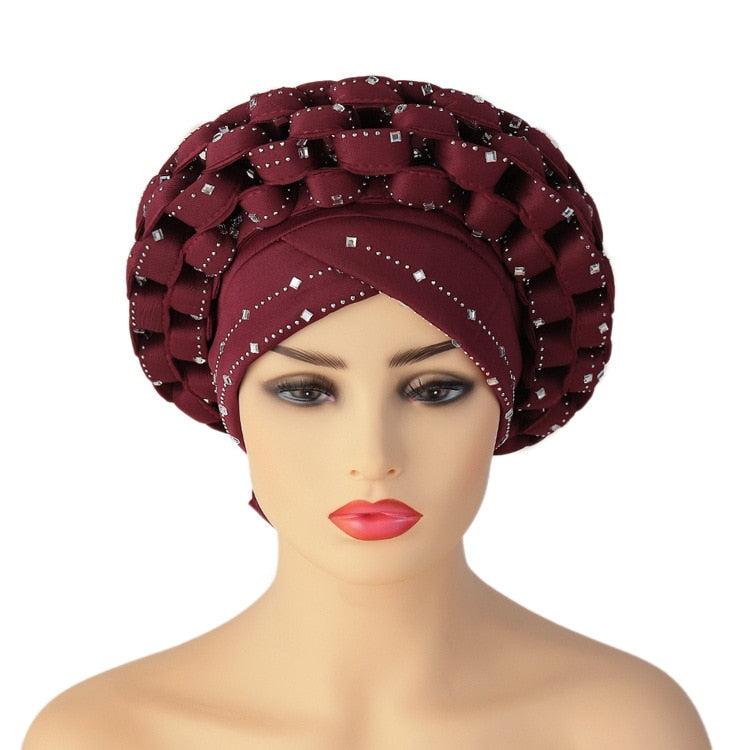 Inlaid with Diamonds African Pattern Pre-Tied Bonnet Turban Knot Cap  Auto Gele Robe  Aso Oke Ready To Wear