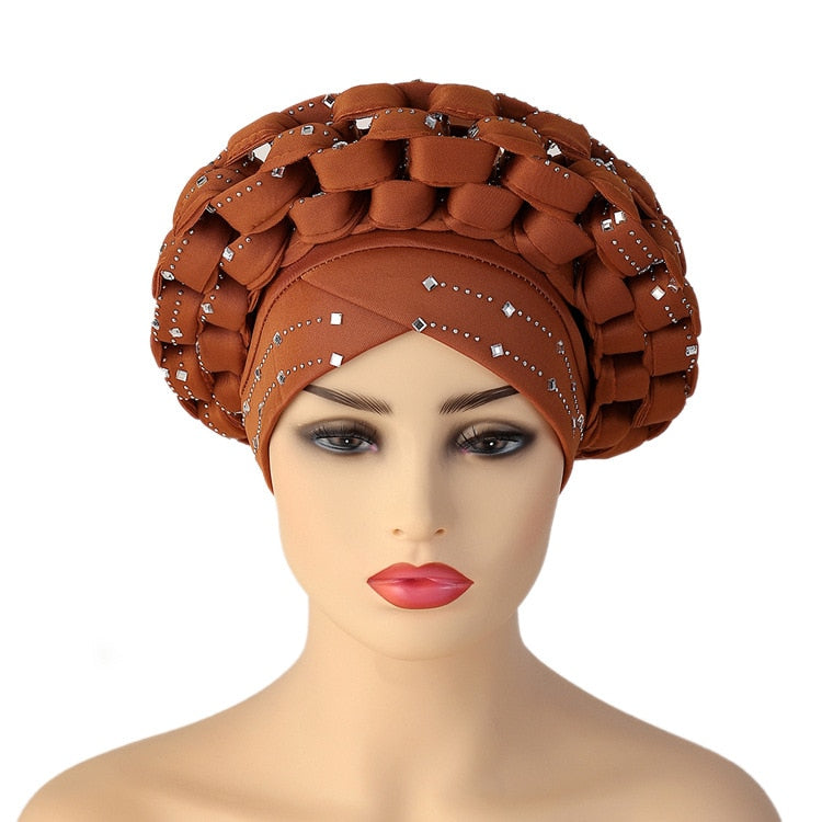 Inlaid with Diamonds African Pattern Pre-Tied Bonnet Turban Knot Cap  Auto Gele Robe  Aso Oke Ready To Wear