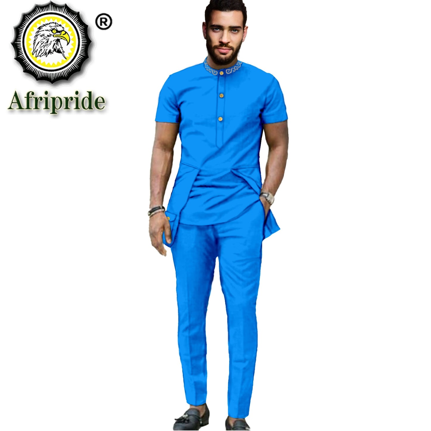 Men Embroidery Short Sleeve Shirt and Pant 2 Piece Set