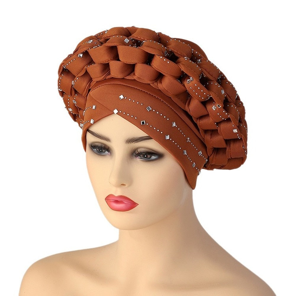 Inlaid with Diamonds African Pattern Pre-Tied Bonnet Turban Knot Cap  Auto Gele Robe  Aso Oke Ready To Wear