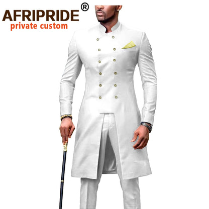Long Jackets and Pants 2 Piece with Kerchief Double Breasted Slim Fit Formal Outfits