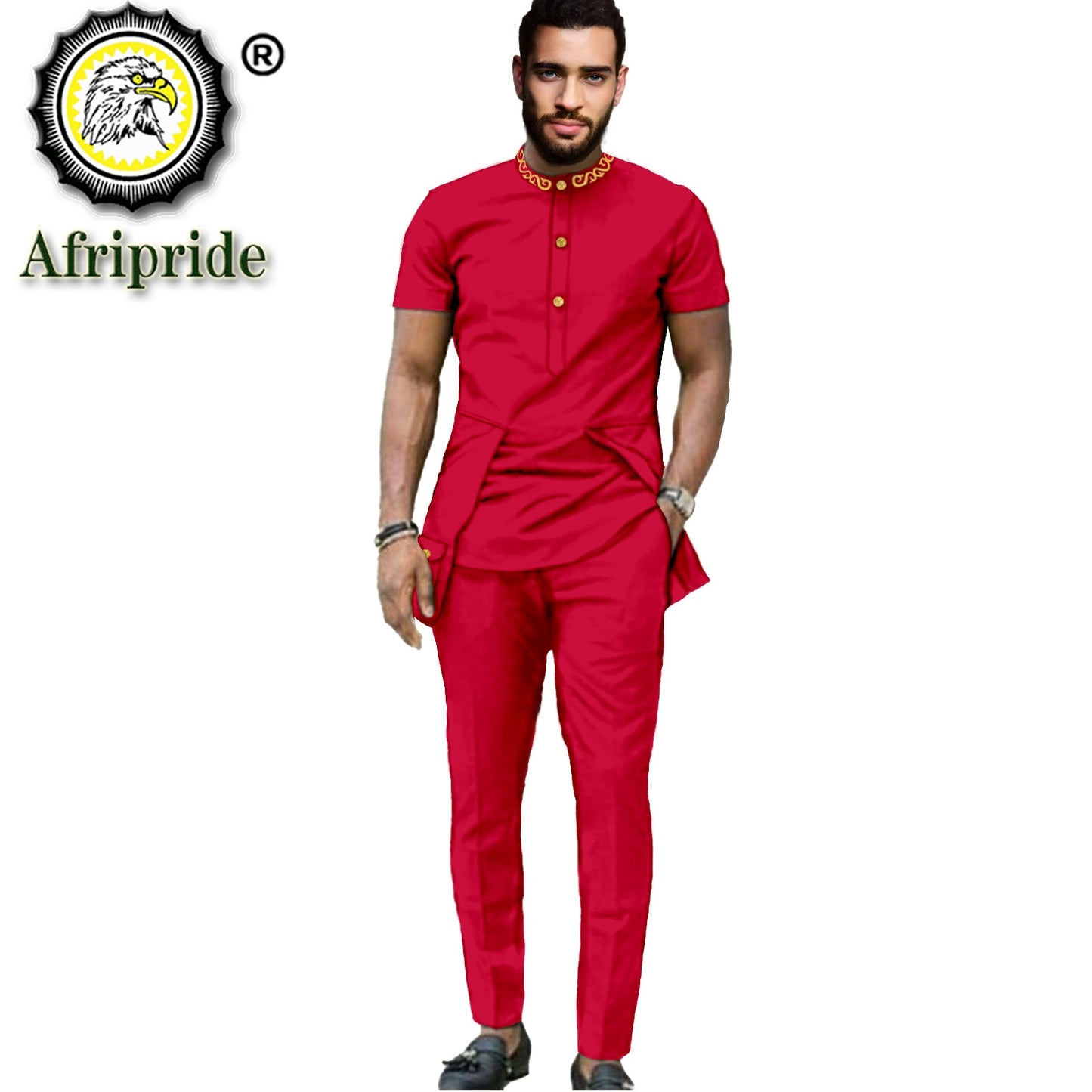 Men Embroidery Short Sleeve Shirt and Pant 2 Piece Set