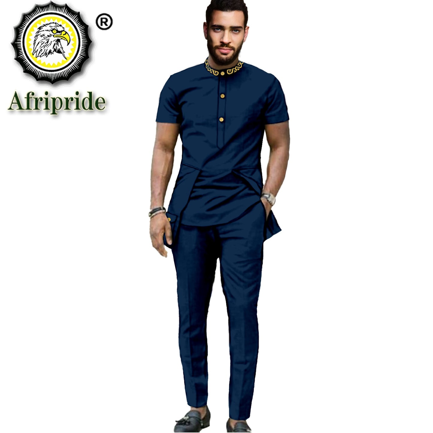 Men Embroidery Short Sleeve Shirt and Pant 2 Piece Set