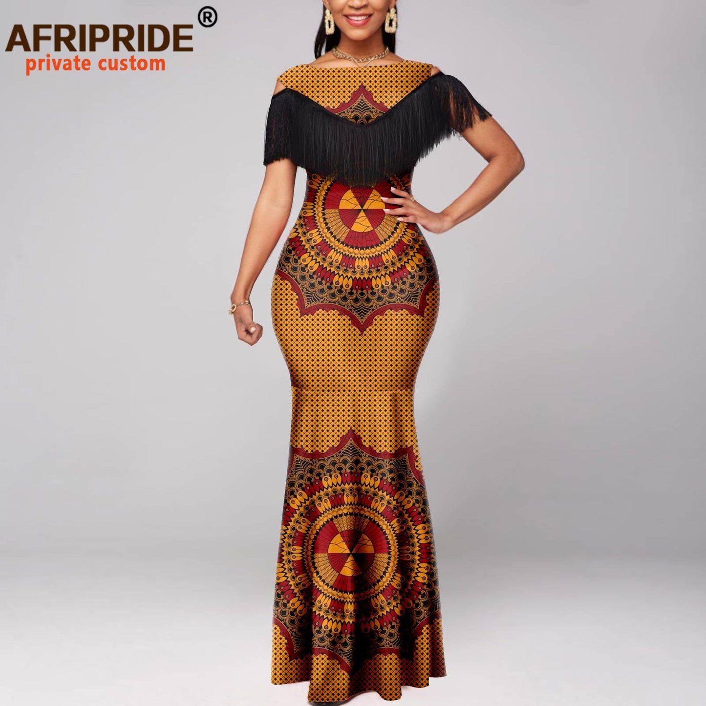 Tassel Short Sleeve Off Shoulder High Waist Ankara Print Attire Party Elegant Maxi Dress A2225038