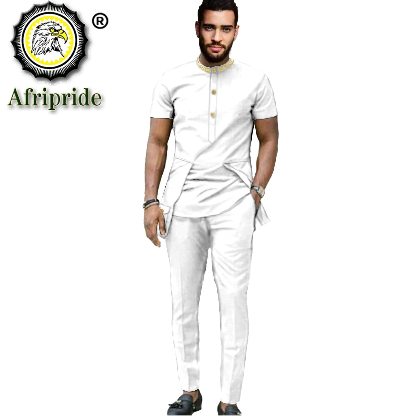 Men Embroidery Short Sleeve Shirt and Pant 2 Piece Set