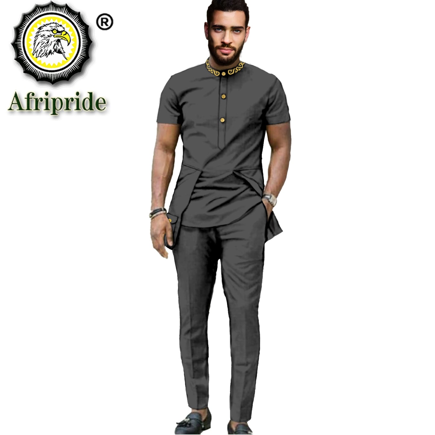 Men Embroidery Short Sleeve Shirt and Pant 2 Piece Set