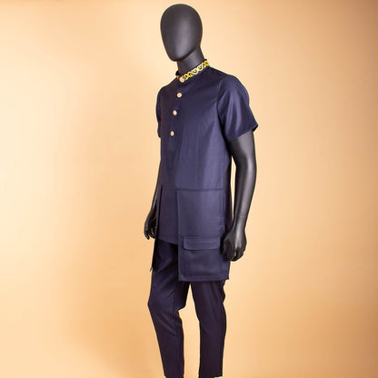 Men Embroidery Short Sleeve Shirt and Pant 2 Piece Set