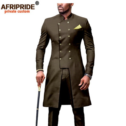 Long Jackets and Pants 2 Piece with Kerchief Double Breasted Slim Fit Formal Outfits