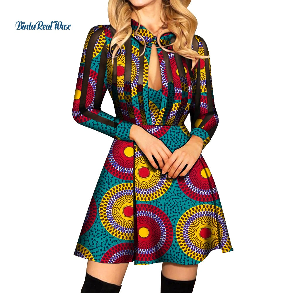 African Ankara Print Long Sleeve Knee-Length Dress