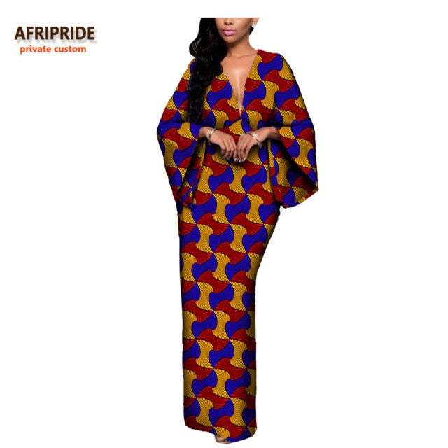 African Dresses for Women Maxi Dress AFRIPRIDE flare sleeve V-neck font and back ankle-length African cotton dress