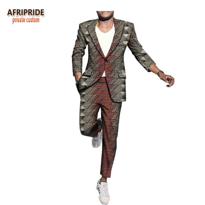 Men`s Business Suit African Print One Button Jacket & Pants Slim Fit Formal Suits Coats Blazer Dashiki
